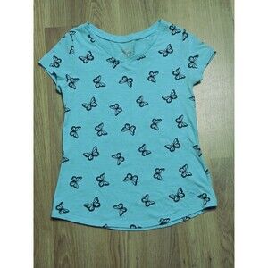 Justice Girls Teal V-neck Top Black Butterfly T-shirt Size 8